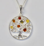 AMBER & SILVER MULTI COLOURED OPEN WORK SWIRLS ROUND TREE OF LIFE NECKLACE