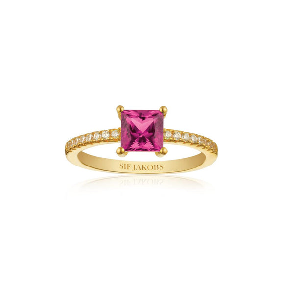 SIF JAKOBS ELLERA QUADRATO GOLD PLATED SILVER & PINK CUBIC ZIRCONIA RING