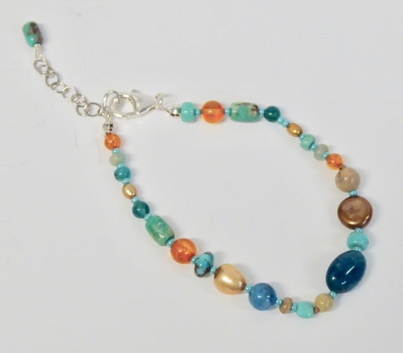 BRAVE MARY SALAZAR SILVER APATITE, TURQUOISE & PEARL BEAD BRACELET