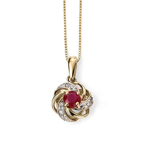 9CT YELLOW GOLD RUBY & DIAMOND SWIRL CLUSTER NECKLACE