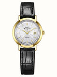 ROTARY LADIES' GOLD PLATED WINDSOR & BLACK STRAP WATCH