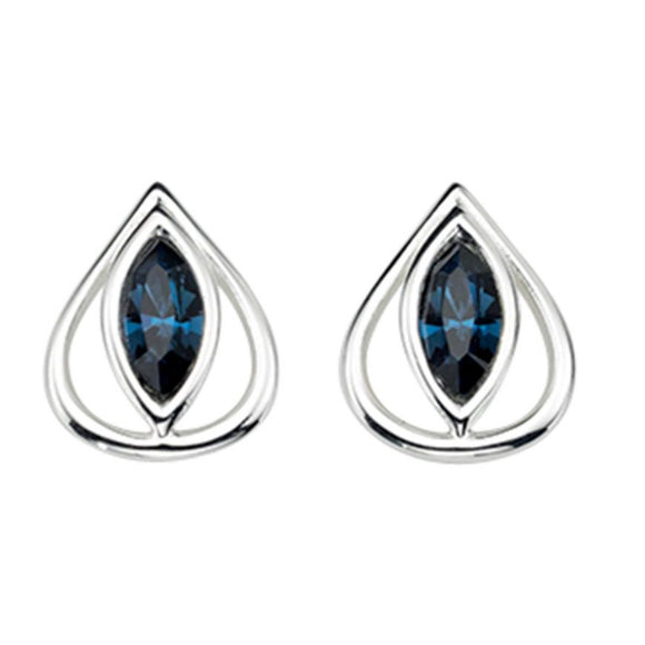 SILVER & MONTANA BLUE CRYSTAL OPEN TEARDROP STUD EARRINGS