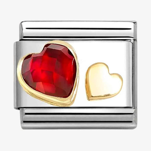 NOMINATION COMPOSABLE GOLD RED CUBIC AND GOLD DOUBLE HEART LINK