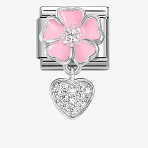 NOMINATION COMPOSABLE SILVER PINK ENAMEL FLOWER WITH HEART DROP LINK