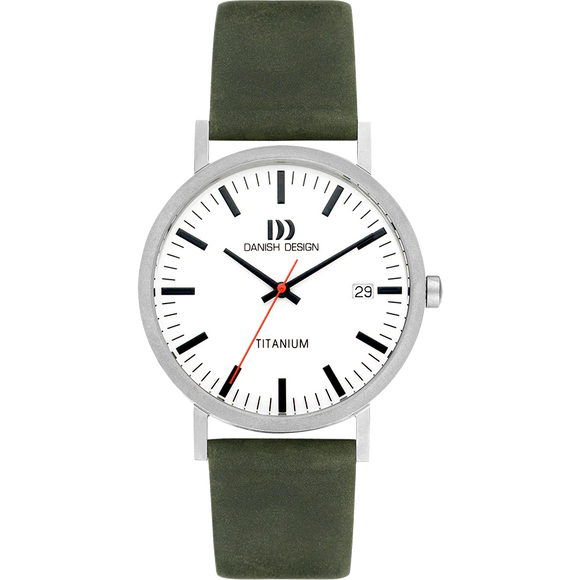 DANISH DESIGN MEN'S LARGE RHINE TITANIUM WHITE GREEN LEATHER STRAP WATCH