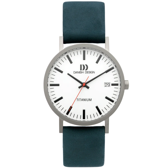 DANISH DESIGN MEN'S LARGE RHINE TITANIUM WHITE BLUE LEATHER STRAP WATCH