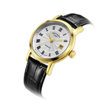ROTARY LADIES' WINDSOR GOLD PLATED STAINLESS STEEL WATCH WITH BLACK STRAP