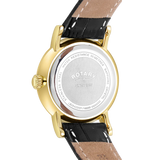 ROTARY LADIES' WINDSOR GOLD PLATED STAINLESS STEEL WATCH WITH BLACK STRAP