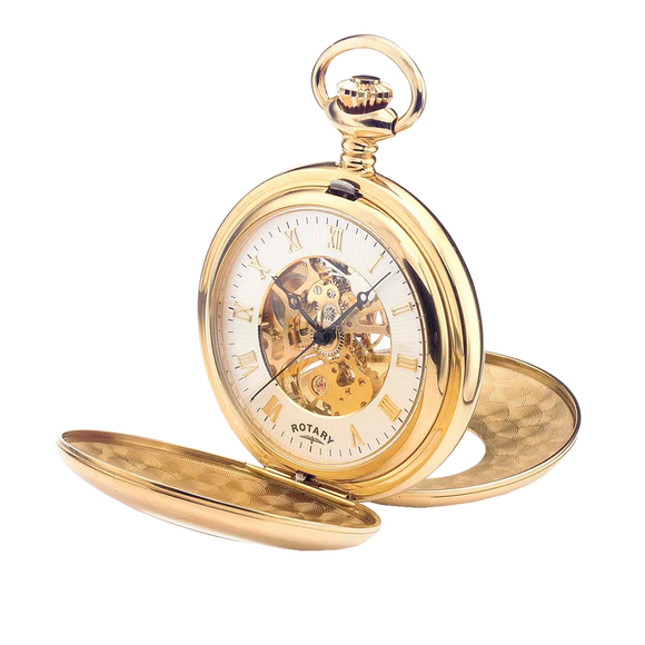 ROTARY MEN'S HUNTER MECHANICAL SKELETON DIAL POCKET WATCH