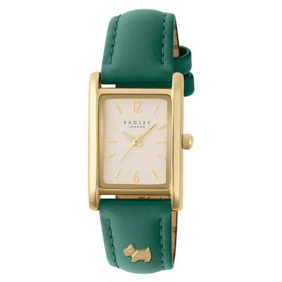 RADLEY LADIES' HANLEY CLOSE RECTANGLE GOLD CASE GREEN LEATHER STRAP WATCH