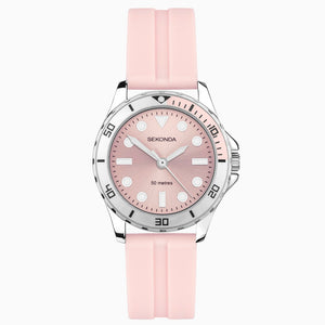 SEKONDA LADIES' SPORT SILVER PINK DIAL PINK RUBBER STRAP WATCH