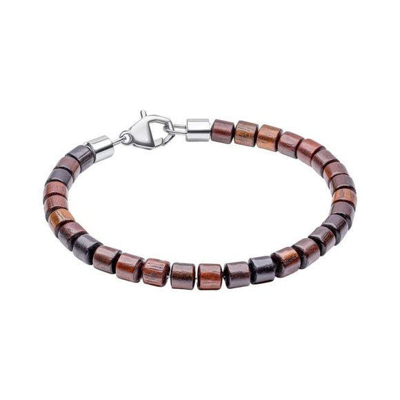 FRED BENNETT STAINLESS STEEL BRACELET WITH  NATURAL WOOD BEADS