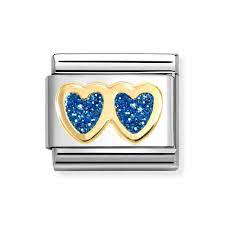 NOMINATION COMPOSABLE GOLD BLUE GLITTER DOUBLE HEART LINK