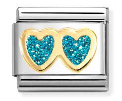 NOMINATION COMPOSABLE GOLD TURQUOISE GLITTER DOUBLE HEART LINK