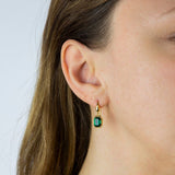 SILVER GOLD PLATED ELONGATED OCTAGONAL & GREEN EMERALD CRYSTAL EARRINGS