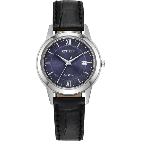 CITIZEN LADIES' ECO-DRIVE ROUND BLUE DIAL BLACK LEATHER STRAP WATCH