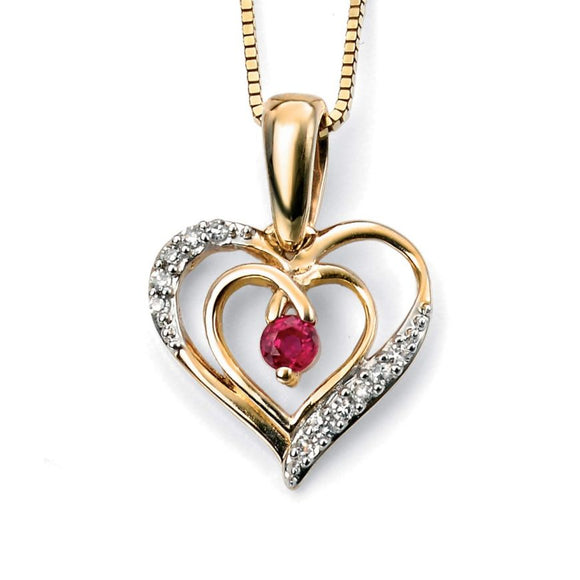 9CT YELLOW GOLD RUBY & DIAMOND HEART NECKLACE