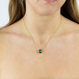 SILVER GOLD PLATED ELONGATED OCTAGONAL & GREEN EMERALD CRYSTAL NECKLACE