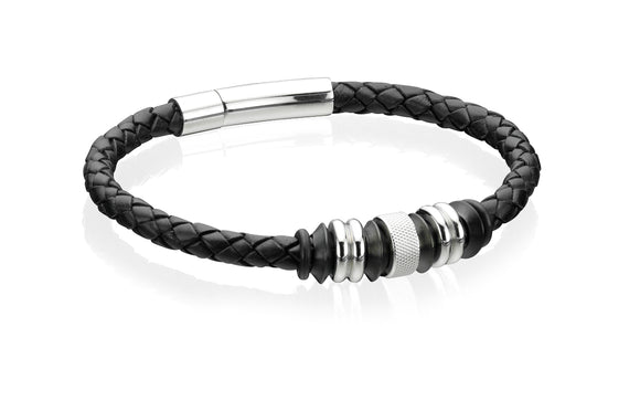 FRED BENNETT STAINLESS STEEL BLACK LEATHER BEAD BRACELET