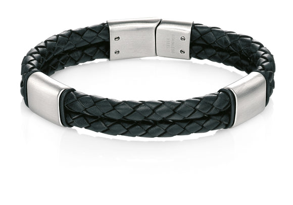 FRED BENNETT BRUSHED STAINLESS STEEL BLACK LEATHER DOUBLE PLAITED BRACELET