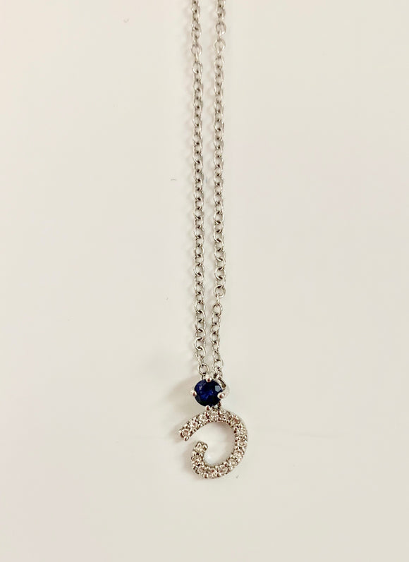 9CT WHITE GOLD, SAPPHIRE & DIAMOND SWIRL NECKLACE