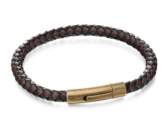 FRED BENNETT GOLD PLATED BLACK & BROWN PLAITED LEATHER BRACELET