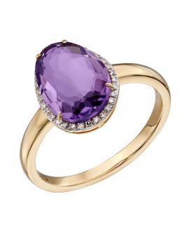 9CT GOLD, OVAL AMETHYST & DIAMOND RING