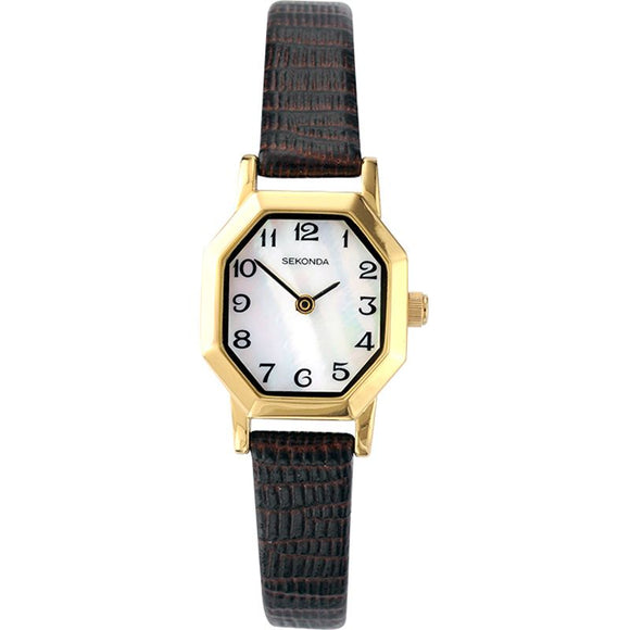 SEKONDA LADIES' GOLD OCTAGONAL LEATHER STRAP WATCH