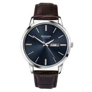 SEKONDA MEN'S SILVER BLUE DIAL LEATHER STRAP WATCH