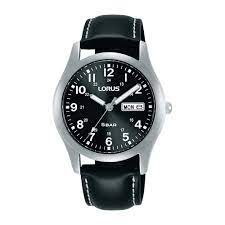LORUS MEN'S SILVER BLACK DIAL DAY & DATE LEATHER STRAP WATCH