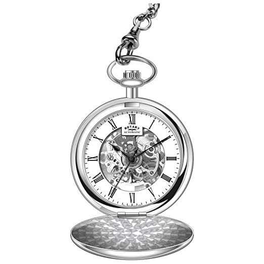 ROTARY MEN'S HUNTER MECHANICAL SKELETON DIAL POCKET WATCH