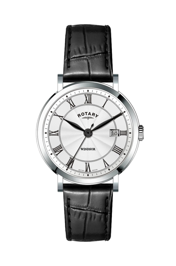 ROTARY LADIES' WINDSOR SILVER STAINLESS STEEL WATCH WITH BLACK STRAP
