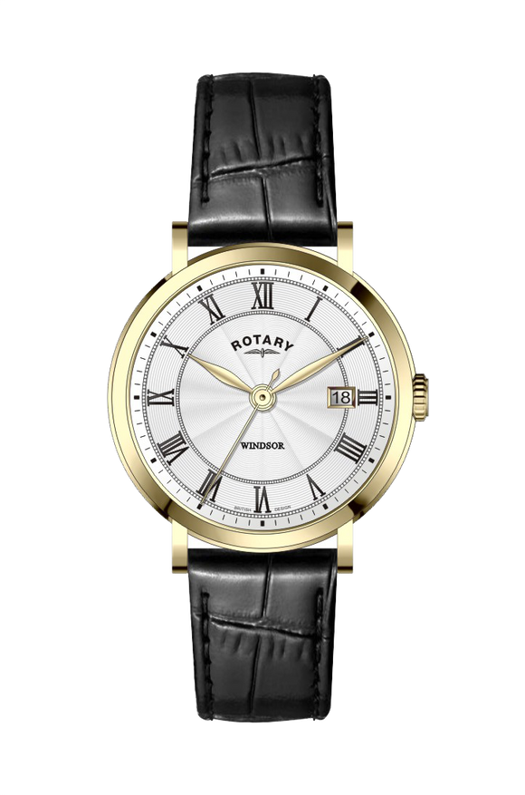 ROTARY LADIES' WINDSOR GOLD PLATED STAINLESS STEEL WATCH WITH BLACK STRAP