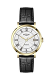 ROTARY LADIES' WINDSOR GOLD PLATED STAINLESS STEEL WATCH WITH BLACK STRAP