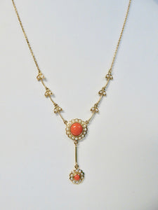 LUKE STOCKLEY 9CT CORAL & FRESHWATER PEARL CABOCHON NECKLACE