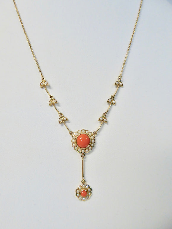 LUKE STOCKLEY 9CT CORAL & FRESHWATER PEARL CABOCHON NECKLACE
