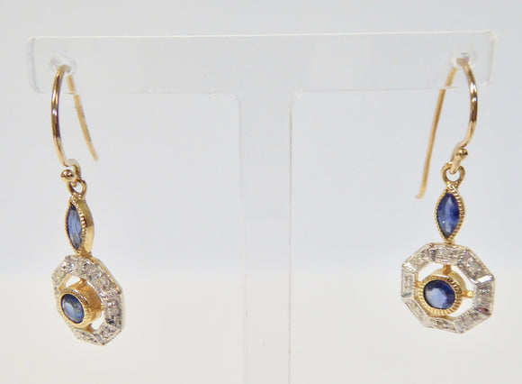 LUKE STOCKLEY 9CT SAPPHIRE & DIAMOND ROUND DROP EARRINGS