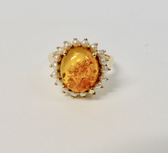 LUKE STOCKLEY 9CT GOLD AMBER & PEARL RING