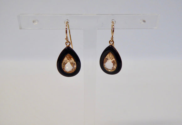 LUKE STOCKLEY 9CT MORGANITE & ONYX TEAR DROP EARRINGS