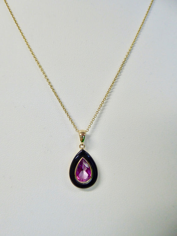 LUKE STOCKLEY 9CT PINK TOPAZ & ONYX TEAR NECKLACE