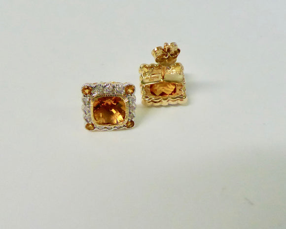 LUKE STOCKLEY 9CT CITRINE & DIAMOND SQUARE CLUSTER STUD EARRINGS