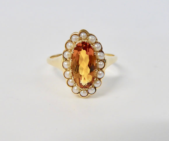 LUKE STOCKLEY 9CT CITRINE & FRESHWATER PEARL OVAL CLUSTER RING