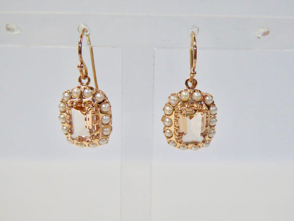 LUKE STOCKLEY 9CT MORGANITE & FRESHWATER PEARL OVAL CLUSTER DROP EARRINGS