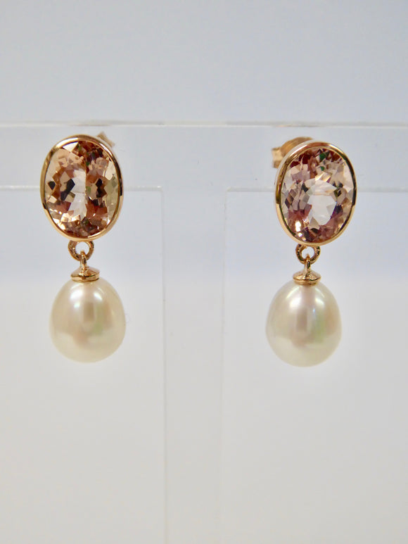 LUKE STOCKLEY 9CT MORGANITE & FRESHWATER PEARL OVAL DROP EARRINGS