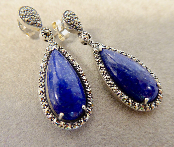 LUKE STOCKLEY SILVER MARCARSITE & LAPIS LARGE TEAR DROP EARRINGS