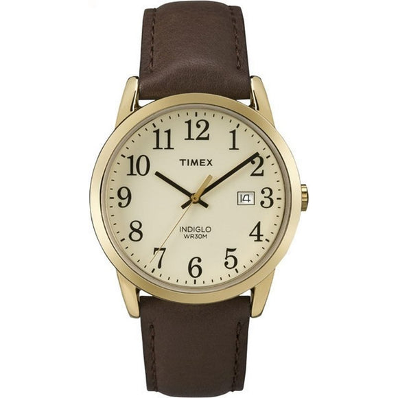 TIMEX MEN'S EASY READER GOLD PLATED BROWN STRAP WATCH