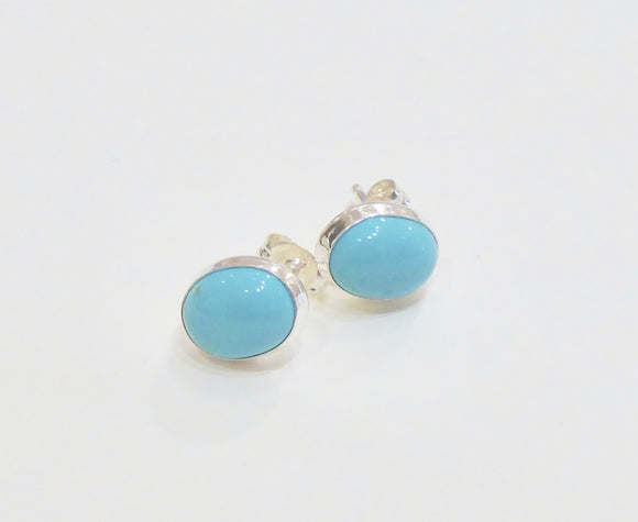 BRAVE SILVER TURQUOISE OVAL PLAIN EDGE STUD EARRINGS 6MM