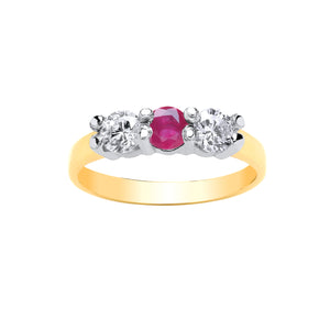 9CT GOLD RUBY & CUBIC ZIRCONIA 3 STONE RING