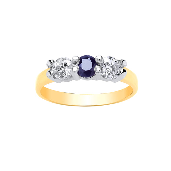 9CT GOLD SAPPHIRE & CUBIC ZIRCONIA 3 STONE RING