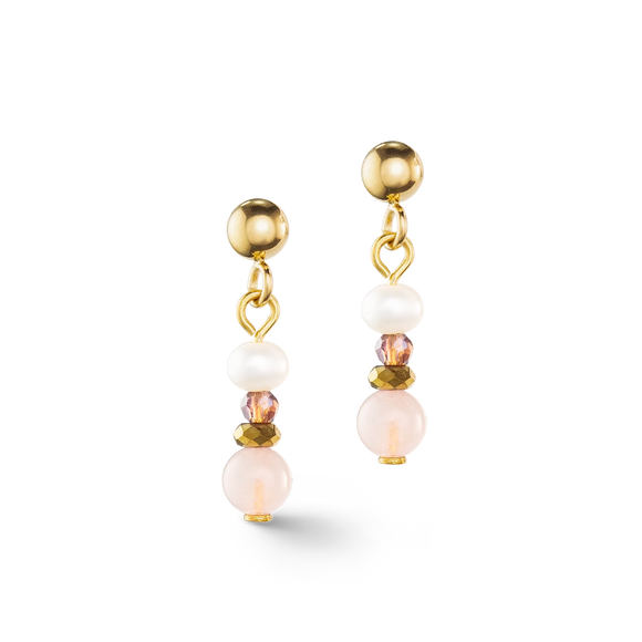 COEUR DE LION FRESHWATER PEARLS & ROSE QUARTZ GOLD COLOURED DROP EARRINGS